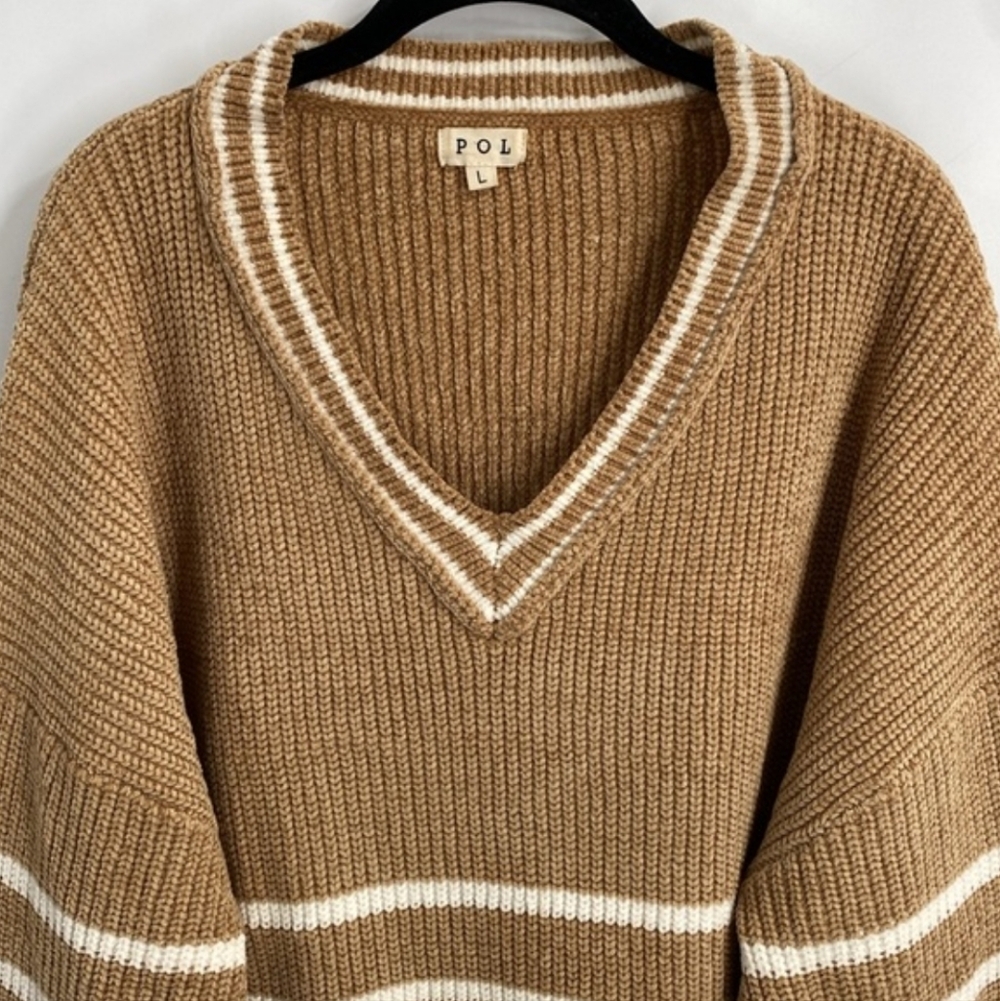 Pol Boho Chunky Knit Striped V-neck Sweater Relaxed Fit Casual Size Large - Picture 2 of 7